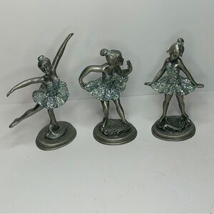 Set Of 3 Solid Pewter Ballerina Figurine’s with Glitter Dresses 3.5 to 4”